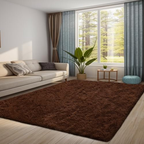 QUINZI Teppich Wohnzimmer Schlafzimmer weicher zotteliger Teppich moderner Flauschiger Teppiche Rutschfester waschbarer (Kaffee, 120x180cm)