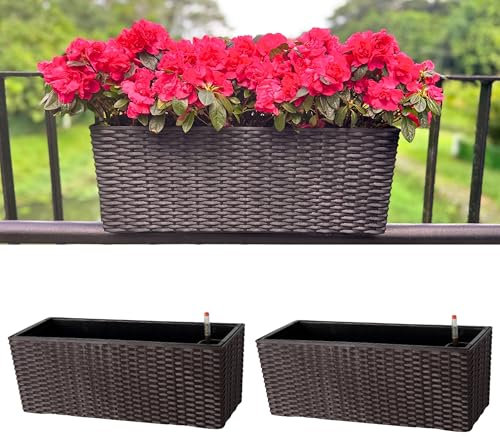 LáLáGreen Outdoor-Pflanzkasten, für Balkon, 50,8 cm, 2er-Pack, Groß, Braun, Selbstbewässernd, Geländer, Pflanzkästen mit Halterungen, Rechteckiger Kunststoff-Fensterkasten, Blumenkasten, Zaun