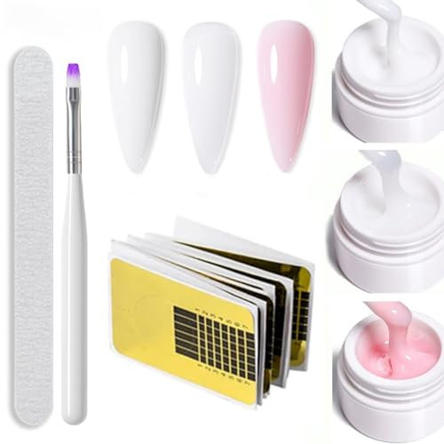 Builder Gel for Nails, Nail Strengthener 3 Colors, Builder Gel Nail Kit Extension Gel Base Gel in a Bottle, White & Milky White & Light Pink UV LED Polish Building Nail Gel