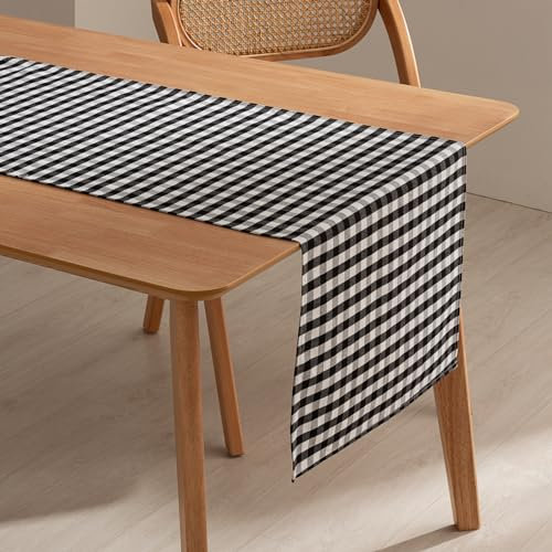 GAMUSI Vichy Tischdecke, rechteckig, schmutzabweisend, wasserdicht, kariert, 45 x 170 cm, Baumwollgewebe, atmungsaktiv und weich, Schwarz