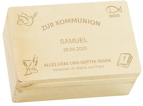 LAUBLUST Holzkiste zur Kommunion - Kirchen Symbole Motiv | Geschenkkiste Personalisiert mit Gravur, FSC® (Natur, ca. 30 x 20 x 14 cm | M)
