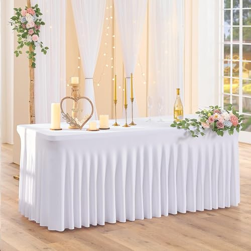 6 Pack Weiße Dehnbare Spandex Tischdecke für 2.4m Rechteckige Tisch, Waschbare und knitterfreie Stretch Tischdecke Rechteckig für Partys Veranstaltungen, Hochzeiten, Bankette, [243Lx76Wx74H] cm