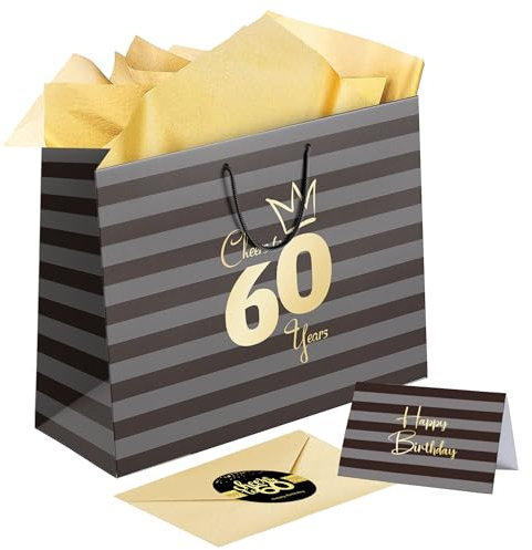Sumerk 1 Stück 13 Geschenktüte 60 Geburtstag Mann 60th Birthday Gift Bag with Tissue Paper Birthday Greeting Cards Stickers Paper Gift Bags for Women Men Girls