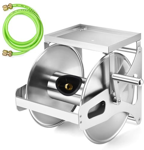 GADFISH Garden Hose Reel Wall Mount,Stainless Steel Metal Hose Reel With Storage Platform, Heavy Duty Wall Mount Hose Reel, 100-Ft 5/8Hose Holder Wall Mount For Outdoor Watering