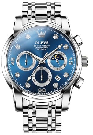 OLEVS Silber Herrenuhr Großes Gesicht Klassisches Blau Wählscheibe Chronograph Uhren Herren Edelstahl Analoger Quarz Armbanduhr Herren Arabische Ziffern Diamant mit Datum Watches for Men