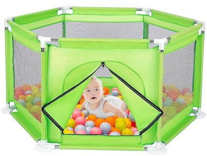 Queiting Baby Laufstall Netz-Seitenfenster Sechseckiger Gitterzaun Faltbares und Kompaktes Kinder Laufgitterzelt Spielen im Innen-oder Außenbereich Tresor Krabbeln 128cm x 110cm x 65cm (Grün)
