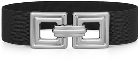 WHIPPY Damen Breiter Elastischer Taillengürtel Stretchy Gürtel für Kleid dehnbarer Hüftgürtel Mode Quadratischer Gold Schnalle,Schwarz 80cm