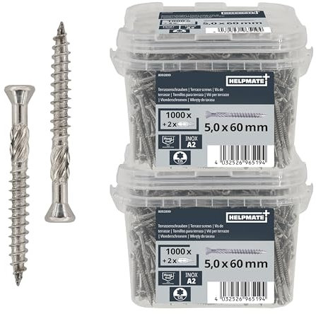 HELPMATE – Vis de terrasse 5 x 60 en acier inoxydable A2 – Lot de 2000 vis de plancher + embout T25 – Vis de terrasse pour l'extérieur (construction de terrasses, abris de jardin)