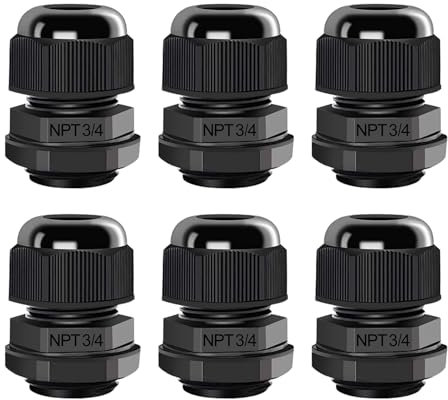 AIRIC 3/4 NPT Cable Glands Nylon PA66, IP68 Waterproof Adjustable Power Strain Relief Cord Grips, Junction Box Wire Gland Grip Connectors with Gaskets and Locknut, Black 6 Pcs