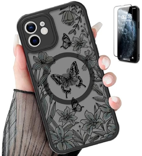 Mophinda Slim Case for iPhone 11 Lily Black Floral | Magnetic, Compatible with MagSafe, Cute Butterfly Print Pattern Design, Translucent, Matte, Case Cover, with 1 Screen Protector