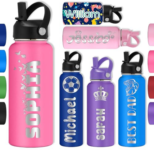 Botella de agua personalizada con grabado con nombre de icono para niños, adolescentes, niños y niñas, regalo de vuelta a la escuela, viajes, gimnasio, deportes, botellas aislantes con mango de popote