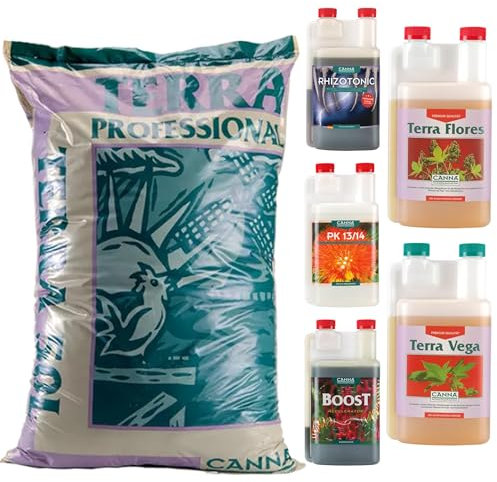 Canna Professional Plus 50L mit Canna Dünger Set: Terra Vega, Terra Flores, Rhizotonic, Boost, Pk13/14 – Premium Wurzel- und Blütendünger für optimale Pflanzenentwicklung