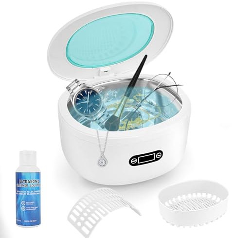 Ultraschallreinigungsgerät 750ml Ultraschallreiniger Ultraschallgerät für Reinigung von Brillen Schmuck Uhren Zahnersatz Pinsel Münze 48KHz, Mit Ultraschallreiniger Konzentrat 50ml (weiß)