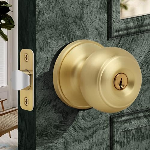 Moquin Pomo de puerta de entrada con llave dorada con cerradura y llave, perilla plana de bloqueo interior y exterior para puerta delantera o dormitorio, latón satinado
