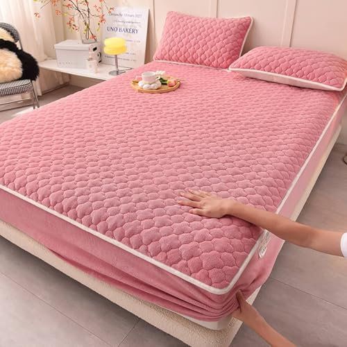 Musihy Spannbettlaken 160 x 200cm Einfarbig Floral texturiert mit Spannbetttücher Elastisch Bettlaken mit 2 Kopfkissenbezügen MatratzenüBerzug, Rosa