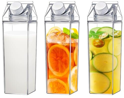 Dandelionsky 3 Pcs Milk Carton Water Bottle Square Clear Milk Container 1000ML Reusable Milk Bottles Leakproof Carton Shaped Juice Bottles for Camping, Picnic, Outdoor Sports, Travel