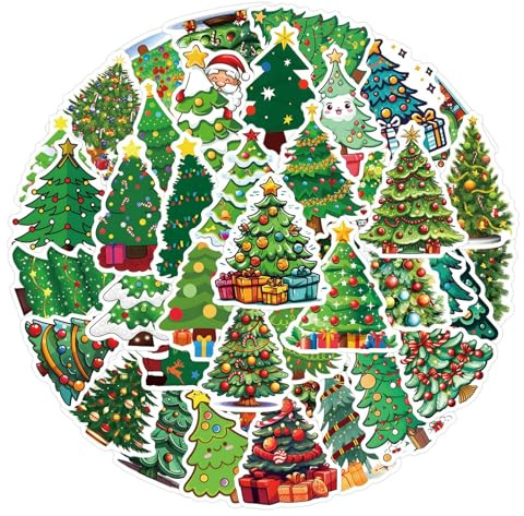 55 Stück Aufkleber Weihnachten, Wasserdicht Christmas Stickers Weihnachten Scrapbook Aufkleber für Kinder DIY Wehinachtsgeschenk Dekoration, Weihnachtsbaum (Grün)