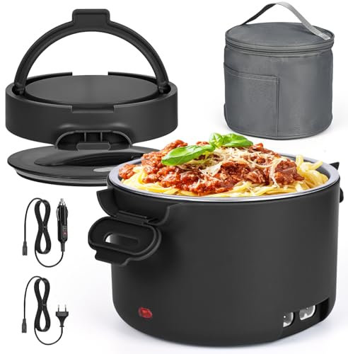 100W Fiambrera Eléctrica Calentador de Comida Portatil 12V/24V/220V Calentador Comida para Coche Camión Trabajo 1LFiambrera Lonchera Termica Termo Comida Caliente Acero Inoxidable (Negro)