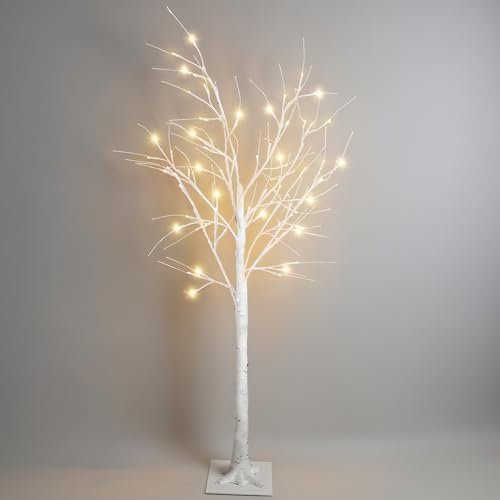 GloBrite 4ft Pre-Lit Twig Christmas Tree with 72 Warm White LEDs - White Birch Design, Bendable Branches, Indoor & Outdoor Christmas Decorations