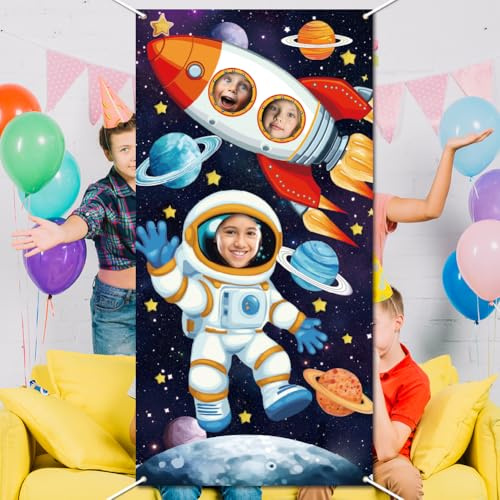 WADORN Türbanner Mit Weltraumfoto Großer Stoff Fotohintergrund Mit Astronautenrakete Weltraum Fotohintergrund Lustiges Gesicht In Einem Loch Foto Requisite Für Weltraum Geburtstagsdekoration 90x180cm