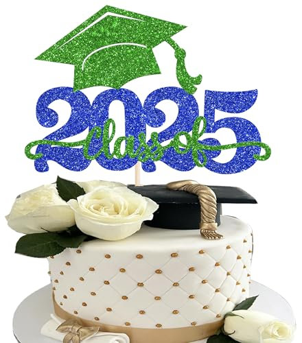 1 Stück 2025 Abschluss Tortendeko Glitzer 2025 Graduation Kuchen Deko Graduierung Kappe Tortendekoration Cake Topper für 2025 Schule Abschluss Party Grün Blau