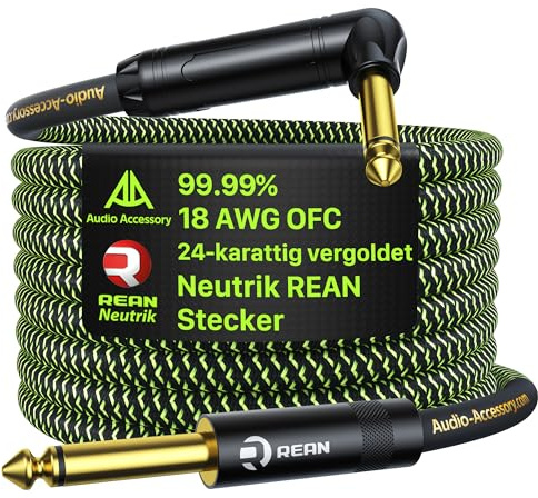 AA AUDIO ACCESSORY Pro Series Guitar Cable 3 m, Gold-Plated Neutrik REAN Connector, 18 AWG 99.99% OFC, Low Capacitance Straight to Right Angle 6.35mm Guitar Lead for Fender Electric Guitar