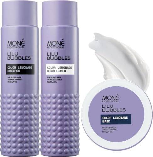 MONÉ Professional Set Rubios, Champú + Acondicionador + Mascarilla | Rubios, decolorados, grises y claros. Sustituir el acondicionador por la mascarilla 1-2 veces por semana. Sin violeta.