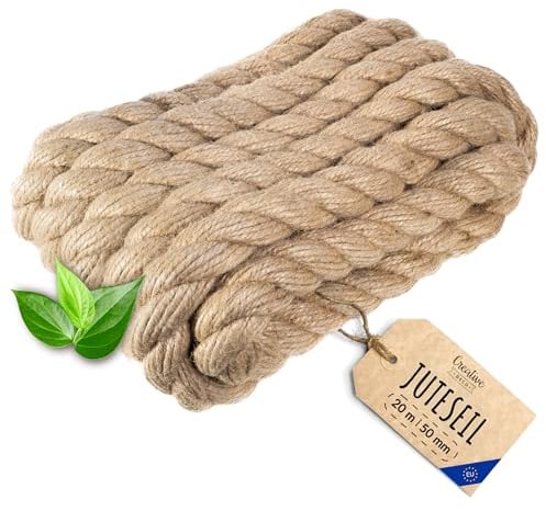 Creative Deco Juteseil Juteschnur | 20m Lang | 50mm Dickes Seil | Personalisierung alle 5m möglich | Jute Hanfseil Tau Schnur Gedreht Garn Kordel Naturfaser | Braunes Deko Handlauf DIY Garten