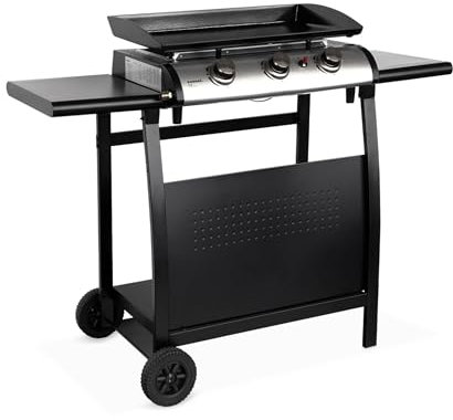 sweeek - Plancha de gas de 3 quemadores 7,5kW + carro, Porthos, Negro, 123x55x106 cm