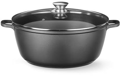 HENDI Cocotte en fonte d'aluminium avec revêtement antiadhésif, 7L, Casserole avec couvercle, Marmite pour toutes les sources de chaleur incl. induction, Four jusqu'à 250°C, 367x290x(H)122mm, noir