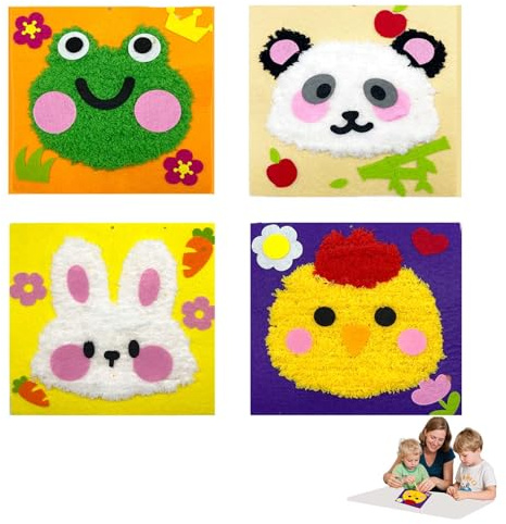 Nähset Tier Form Decken Nähen, Tier Stickerei Puppe Nähset DIY Handwerk Set – 4 Sätze von Decken Tiere ca. 20x20 cm – Nähen Spaß mit Panda Kaninchen Frosch Hühnchen – Handgelerntes Spielzeug
