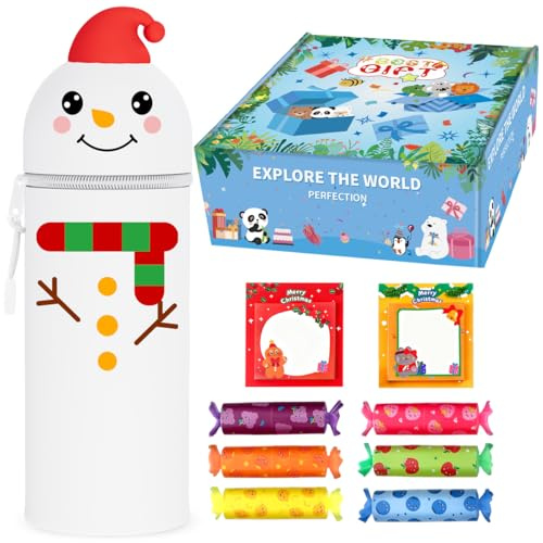 Weihnachts 2-in-1 Silikon Federmäppchen Set, Schreibwaren Set, Bonbon Textliner Stifte Schüler-6 Farben, Haftnotizen, Weihnachtsgeschenke Kleinigkeiten, Weihnachten Party Geschenke Bag Fillers