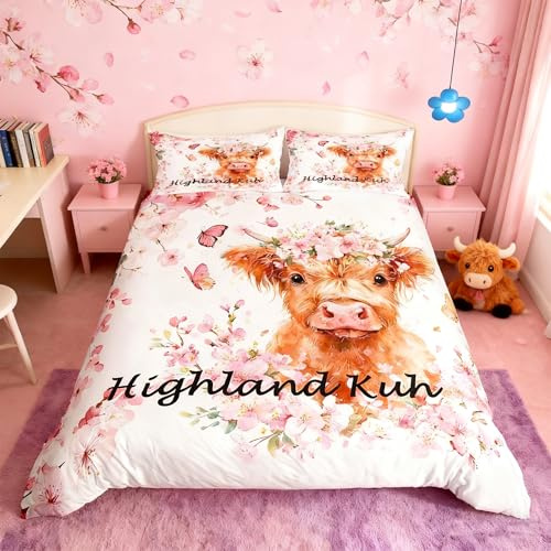 Homemissing Highland Kuh Bettwäsche Set 135x200cm Bauernhof Tiere Natur Bettbezug Cartoon Motiv für Kinder Jungen Mädchen Betten Weich Westliche Dekor Träumig Zimmer Dekor Bettwäsche-Set