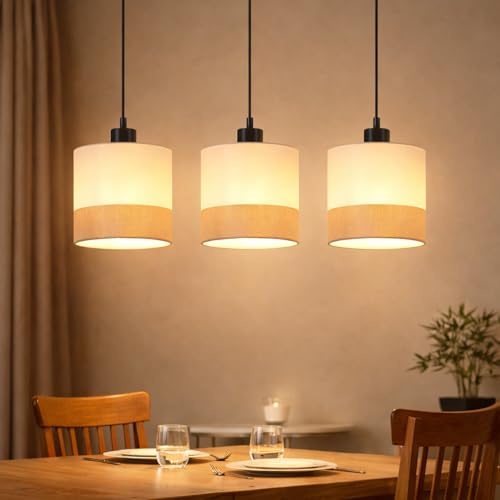 CBJKTX Pendelleuchte Esszimmer Hängeleuchte Vintage Hängelampe 3 flammig | Stoff Esstischlampe Höhenverstellbar E27 Retro Pendellampe Weiß Esszimmerlampe für Wohnzimmer Küche (ohne Leuchtmittel)