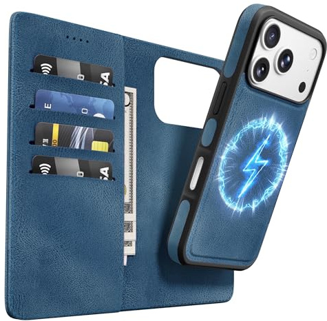 OASISBLUE Handyhülle für iPhone 17 Pro Max Hülle, [2-in-1 Magnetisch Abnehmbar] Kabelloses Laden Kompatibel Stoßfest Schutzhülle PU Leder Klapphülle - blau