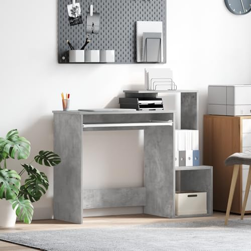 IBUQDDV Grauer Computertisch Betonlook Medium mit Schublade und Regalen, Schreibtisch Industriedesign Spanplatte MDF Homeoffice Arbeitsplatz