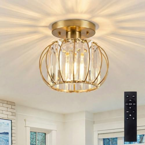 SURPALIG Modern Gold Oval Crystal Semi Flush Mount Ceiling Light, Dimmable Mini Chandelier with Remote Control, E26 LED Bulb Included, Small Lamp for Hallway Kitchen Bedroom Dining Room Bar