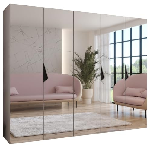 MEBLE KRYSPOL - Kleiderschrank - Garderobenschrank - 250 cm x 202 x 52 cm - Schrank mit Kleiderstange und Spiegel, 5 Türen - für Schlafzimmer, Flur - SANDI, Kaschmir, Griff Schwarz
