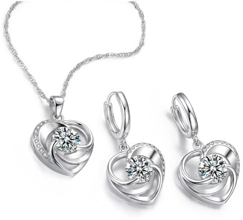 PANDA LUXURY JEWELLERY Schmuckset Damen 925 Sterling Silber Herz Halskette und Ohrringe Set mit Zirkonia, Kette mit Herzen Anhanger, Schmuck Geschenke für Frauen, Freundin