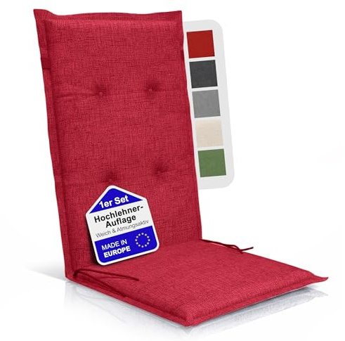 BI International Relexo Premium - Hochlehner Auflage Gartenstuhl Stuhlauflage mit Polster, Outdoor Sitzkissen & Stuhlkissen für Gartenmöbel Auflage wetterfest, Sitzkissen bequem (Rot, 1er Set)