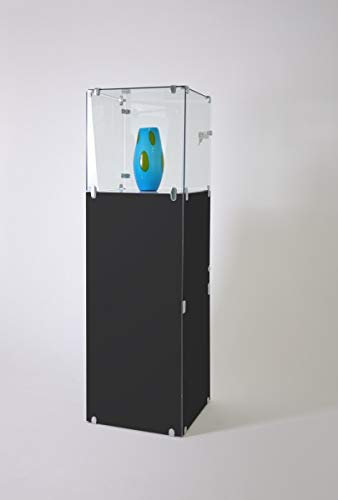MHN Haubenvitrine T 32 x B 32 x H 130 cm - kleine Würfel Glasvitrine abschließbar - Aufsatzvitrine mit Staufach im schwarzen Sockel - Messevitrine ohne Beleuchtung