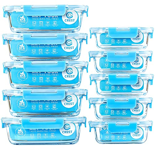C CREST Meal Prep Containers, 10 Pack Glass Food Storage Containers with Lids, Airtight Bento Boxes, BPA Free & Leak Proof (10 Lids & 10 Containers)