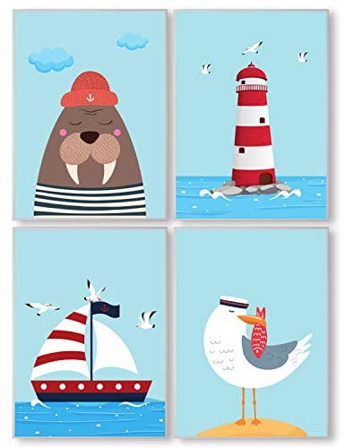 Pandawal Kinderzimmer Deko Bilder für Junge und Mädchen Maritim Segeln, Möwen 4er Poster Set (S6) Kinderposter im DIN a4 Format