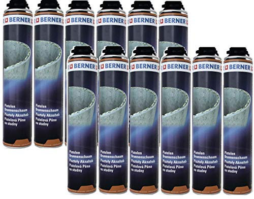 12 x Berner Bau- & Brunnen-Schaum 1-K Pu-Pistolenschaum 750ml *****Brunnen-Bau-Schaum, Fensterbänke, Anschlussfugen, Kanal-Brunnen-Schächte! Beste Qualität für den harten Einsatz*****