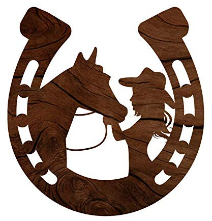 Horseshoe Girl with Horse Vinyl Decal Sticker - Car Truck Van SUV Window Wall Cup Laptop - One 5.5 Inch Decal - MKS1338