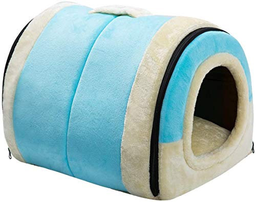 Hollypet Cama para Gato y Perros Pequeños, Plegable 2 en 1 Cama para Mascotas, Nido Suave y Cálida para Interior & Exterior, Azul