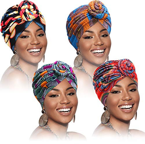 SATINIOR 4 Stück Afrikanische Muster Kopfbedeckung Pre-Gebunden Motorhaube Turban Knoten Mütze Deckel Hut