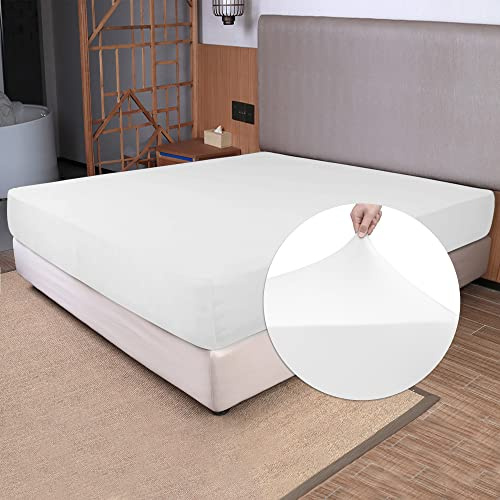 Soft Stretch Queen Size Fitted Sheet Only - Jersey Knit, Cozy T-Shirt Like & 4-Way Stretchy Snug Fit & Stay in Place, No More Slipping Off for Mattress (Deep: 5-16) - White, Queen