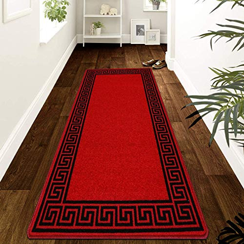 renoazul® Hallway Runner Rug - Non Slip Carpet Runner for Kitchen, Hall and Entrance - Washable Anti Fatigue Mat 66 x 220 cm - Greeky - Red and Black Rug