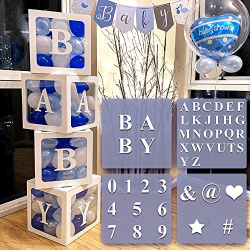 4 Stück weiße transparente Ballonboxen mit 30 Buchstaben, 10 Zahlen, 5 Symbole, 49 Stück Party-Dekorationsset, für Jungen und Mädchen, Geburtstag, Babyparty, Geschlechtsoffenbarung, Dekoration